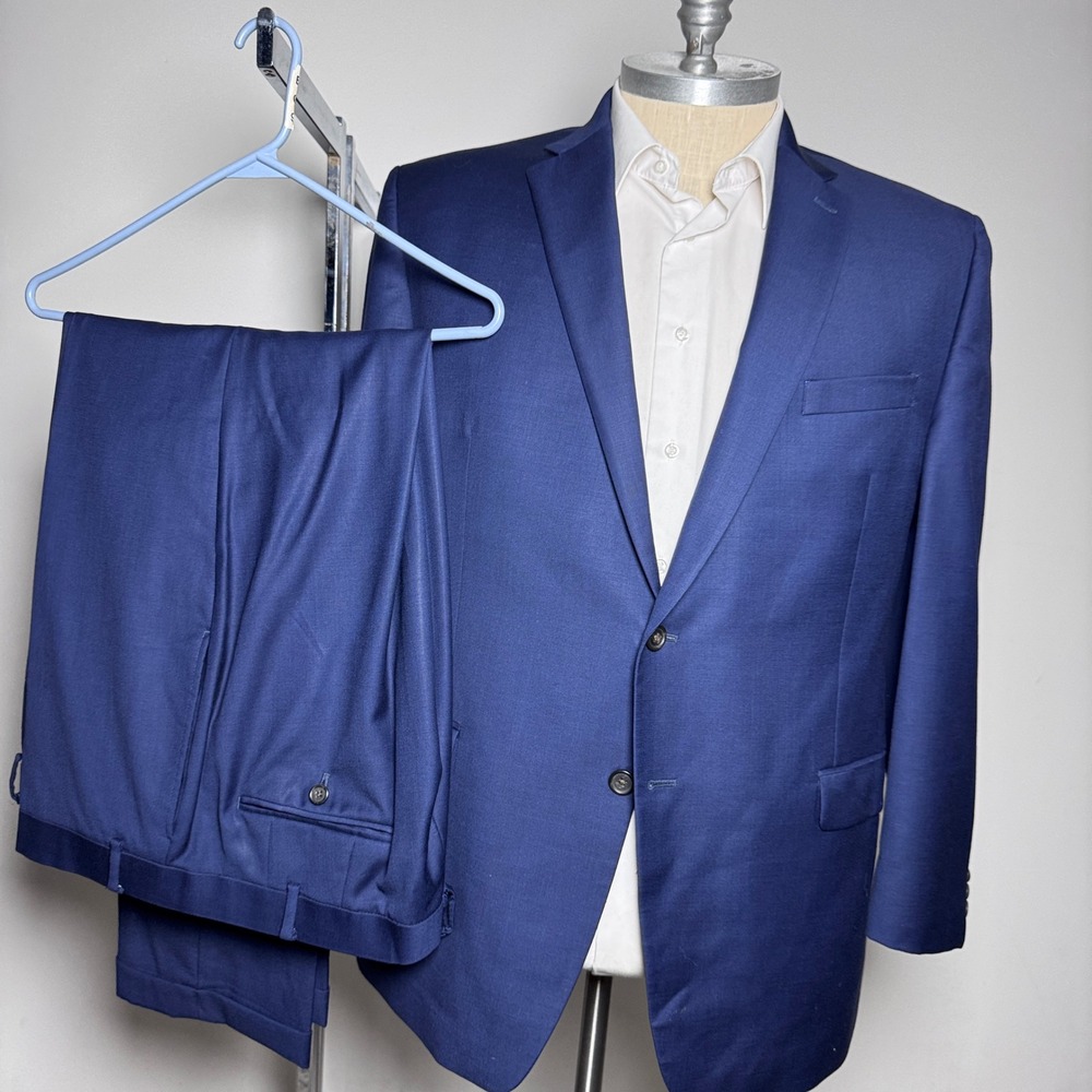 Lauren Ralph Lauren Suit Mens 44R 38W Blue Solid 2 Button Notch Lapel Wool Blend